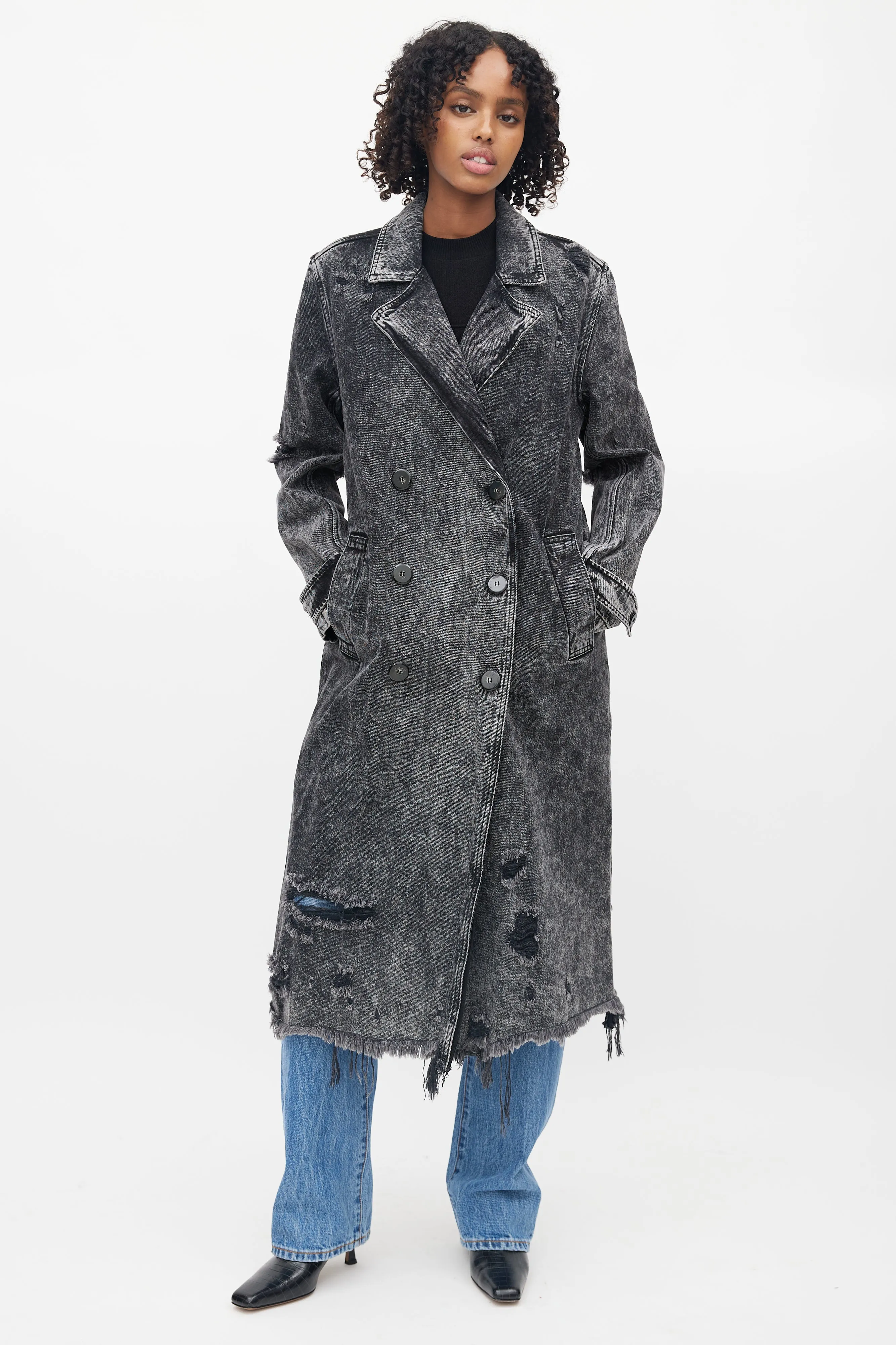 Black Distressed Double Breasted Trench Coat